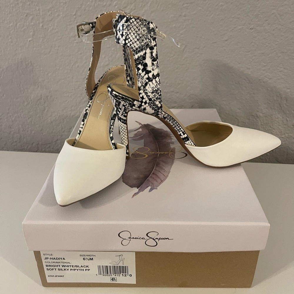 Jessica Simpson White and Black Snakeskin Pointed Toe Pumps with Ankle Strap